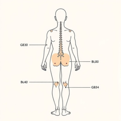 Diagram of acupuncture points to manage sciatica pain naturally.