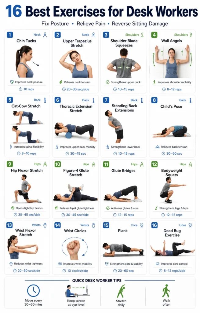 Infographic showing 16 best exercises for desk workers including chin tucks, wall angels, cat-cow stretch, hip flexor stretch, glute bridges, wrist stretches, plank, and dead bug exercise for posture correction, neck pain relief, back pain, and mobility improvement.