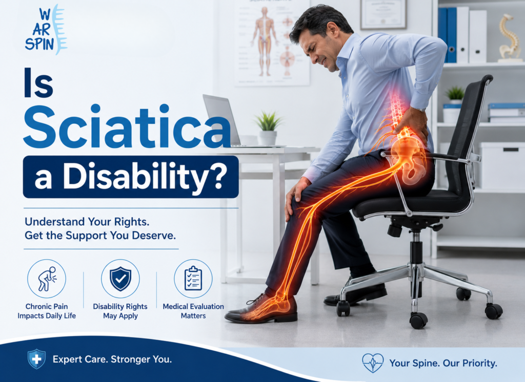 Person experiencing severe sciatica pain with highlighted sciatic nerve from lower back to leg in a professional healthcare and spine care setting.